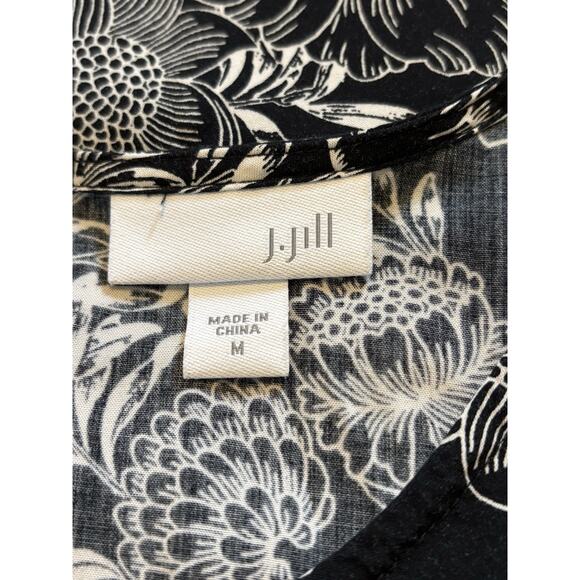 J. Jill Black White Floral Print Long Sleeve Tunic Top Medium Tiered Hem - Picture 5 of 6